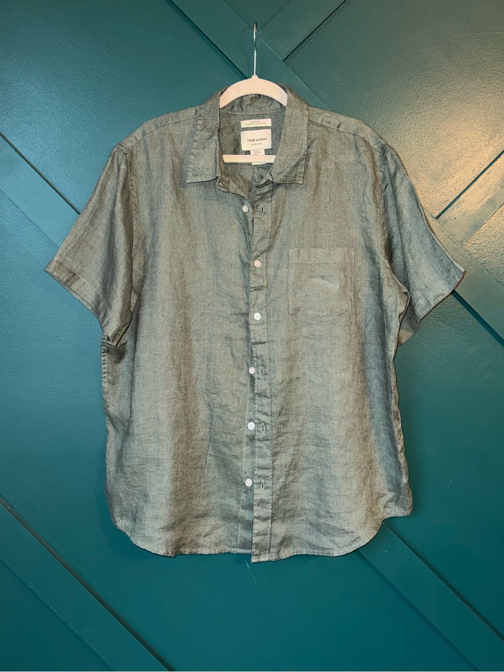 Thom Aaron Gray Linen Short Sleeve Button Up Lightweight Minimalist Style